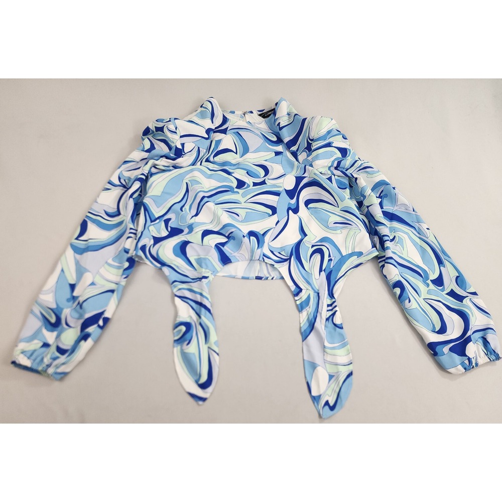 Express Blouse Womens Small Blue White Swirl Tie Front Long Sleeve Top NEW